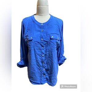 Chicos Blue Button Up Roll Tab Sleeve blouse size 2/L
